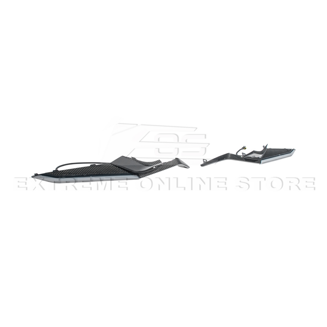 High-quality image of Corvette C8 Z06 Carbon Fiber Sequential LED DRL Light Bar Bezel Insert showcasing the sleek carbon fiber finish and modern LED design that enhances the C8’s front-end style and lighting performance.