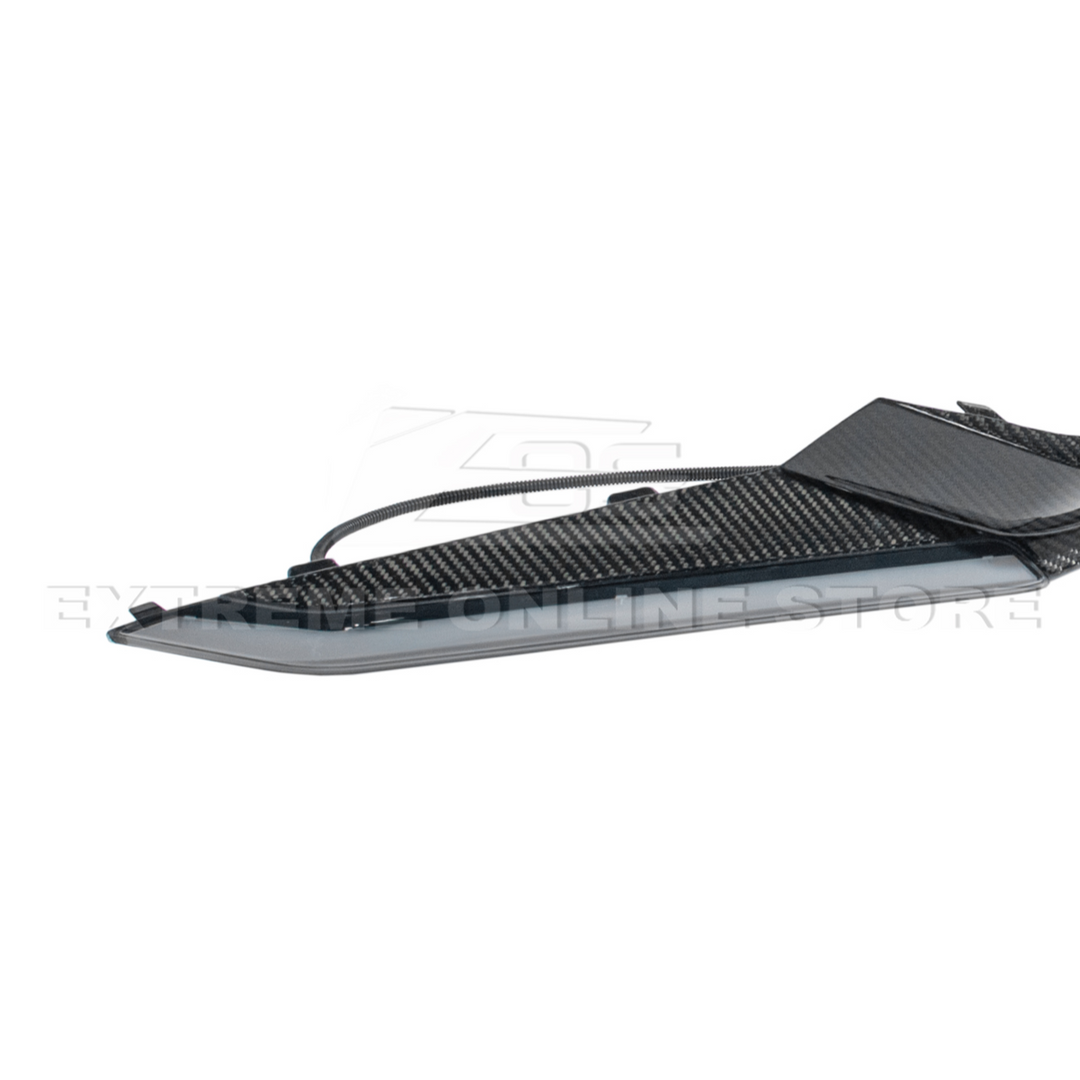 High-quality image of Corvette C8 Z06 Carbon Fiber Sequential LED DRL Light Bar Bezel Insert showcasing the sleek carbon fiber finish and modern LED design that enhances the C8’s front-end style and lighting performance.