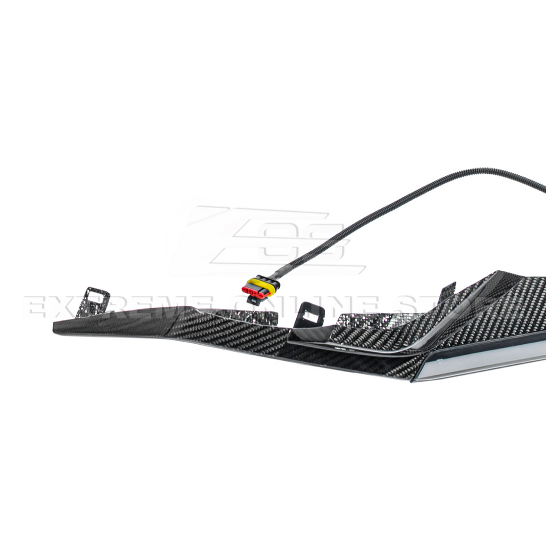 High-quality image of Corvette C8 Z06 Carbon Fiber Sequential LED DRL Light Bar Bezel Insert showcasing the sleek carbon fiber finish and modern LED design that enhances the C8’s front-end style and lighting performance.
