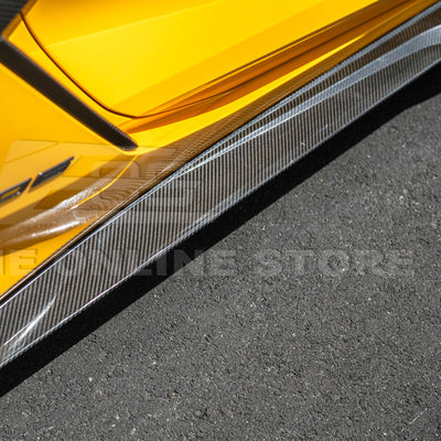 Close-up view of Corvette C8 Z06 EOS Performance Track Style Side Skirts showing carbon fiber design and aerodynamic contour.