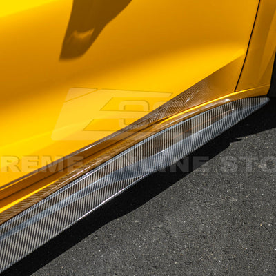 Close-up view of Corvette C8 Z06 EOS Performance Track Style Side Skirts showing carbon fiber design and aerodynamic contour.