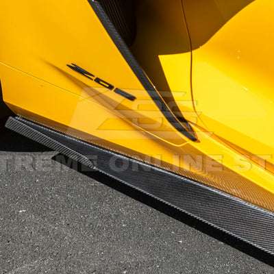Close-up view of Corvette C8 Z06 EOS Performance Track Style Side Skirts showing carbon fiber design and aerodynamic contour.