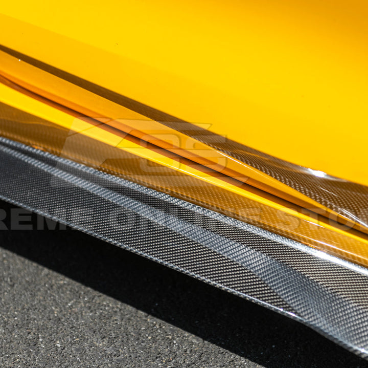 Close-up view of Corvette C8 Z06 EOS Performance Track Style Side Skirts showing carbon fiber design and aerodynamic contour.