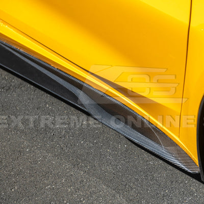 Close-up view of Corvette C8 Z06 EOS Performance Track Style Side Skirts showing carbon fiber design and aerodynamic contour.
