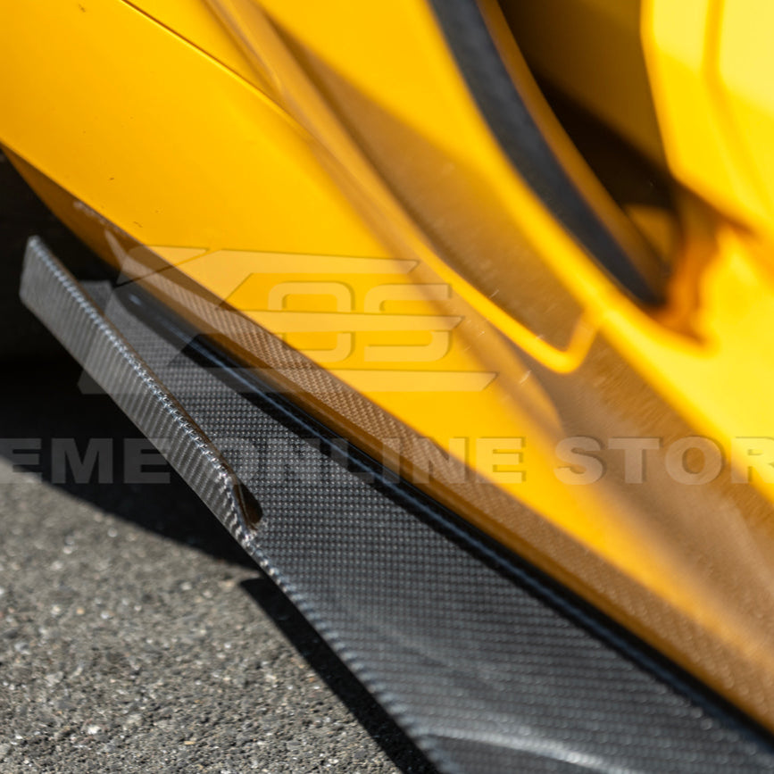 Close-up view of Corvette C8 Z06 EOS Performance Track Style Side Skirts showing carbon fiber design and aerodynamic contour.