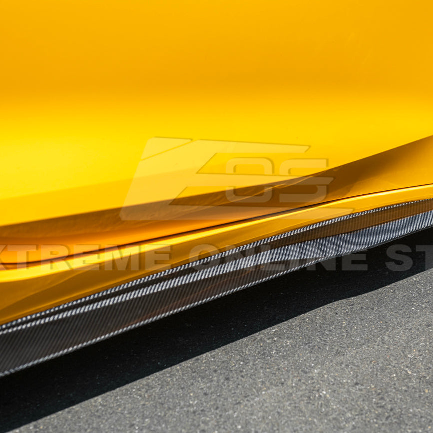Close-up view of Corvette C8 Z06 EOS Performance Track Style Side Skirts showing carbon fiber design and aerodynamic contour.