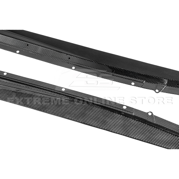 Close-up view of Corvette C8 Z06 EOS Performance Track Style Side Skirts showing carbon fiber design and aerodynamic contour.