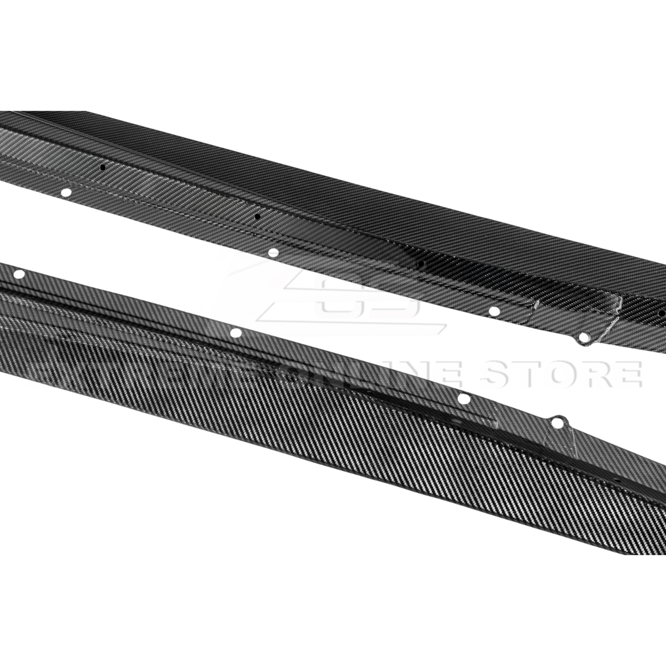 Close-up view of Corvette C8 Z06 EOS Performance Track Style Side Skirts showing carbon fiber design and aerodynamic contour.