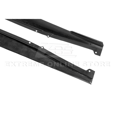 Close-up view of Corvette C8 Z06 EOS Performance Track Style Side Skirts showing carbon fiber design and aerodynamic contour.