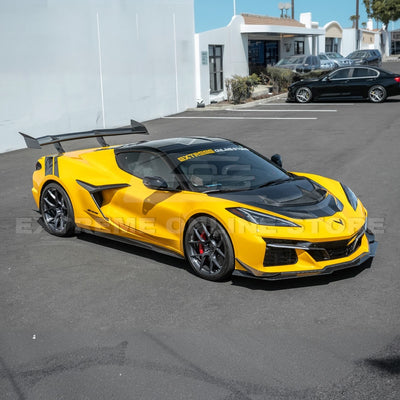Close-up view of Corvette C8 Z06 EOS Performance Track Style Side Skirts showing carbon fiber design and aerodynamic contour.