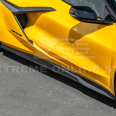 Close-up view of Corvette C8 Z06 EOS Performance Track Style Side Skirts showing carbon fiber design and aerodynamic contour.