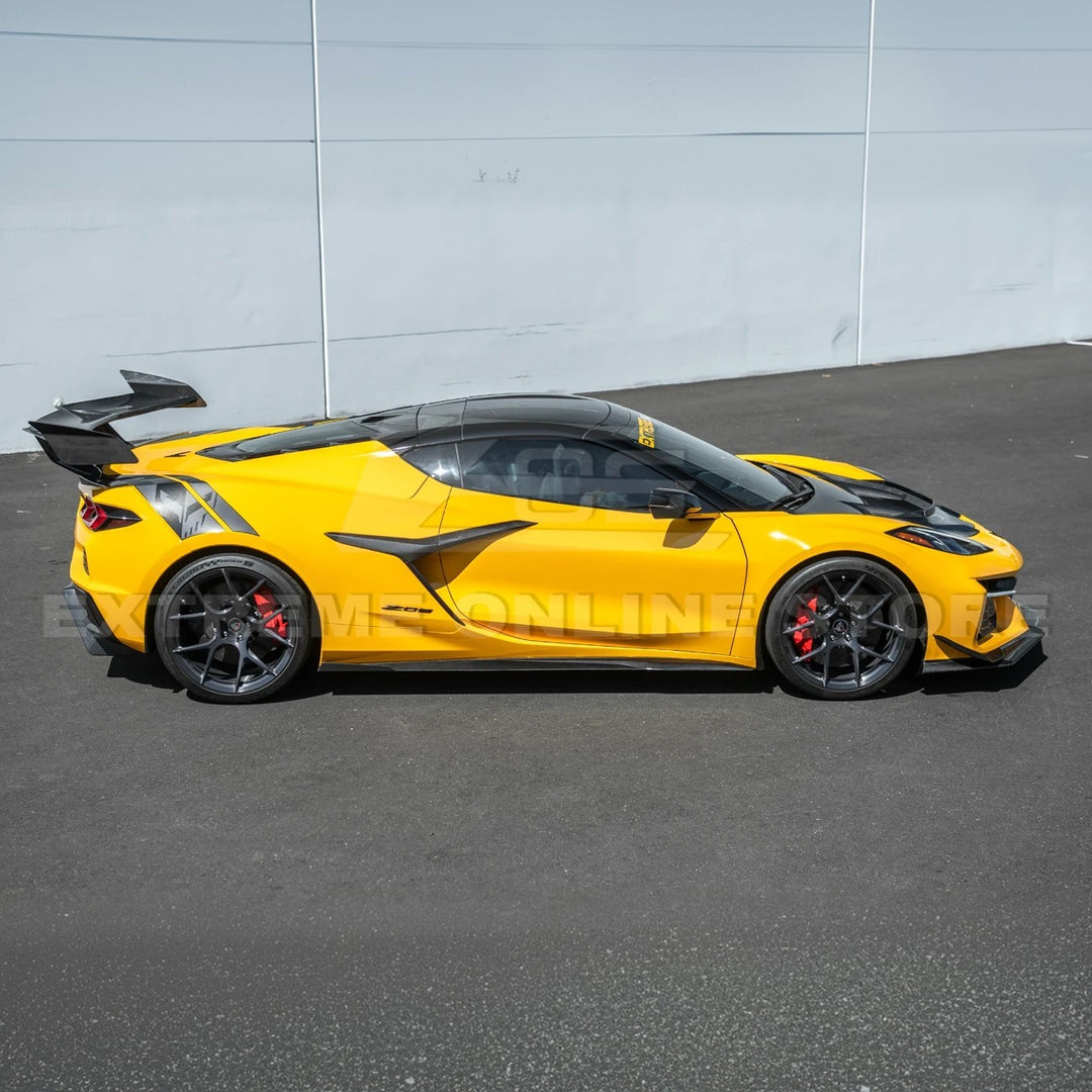 Close-up view of Corvette C8 Z06 EOS Performance Track Style Side Skirts showing carbon fiber design and aerodynamic contour.