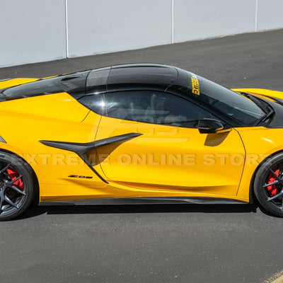 Close-up view of Corvette C8 Z06 EOS Performance Track Style Side Skirts showing carbon fiber design and aerodynamic contour.