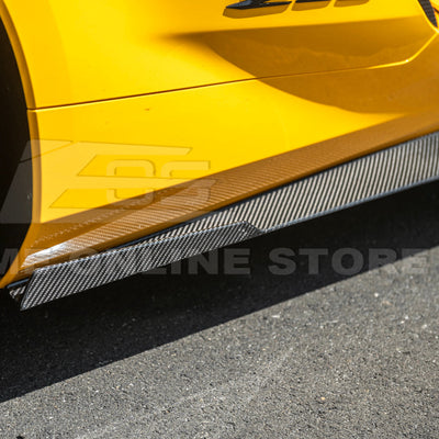 Close-up view of Corvette C8 Z06 EOS Performance Track Style Side Skirts showing carbon fiber design and aerodynamic contour.
