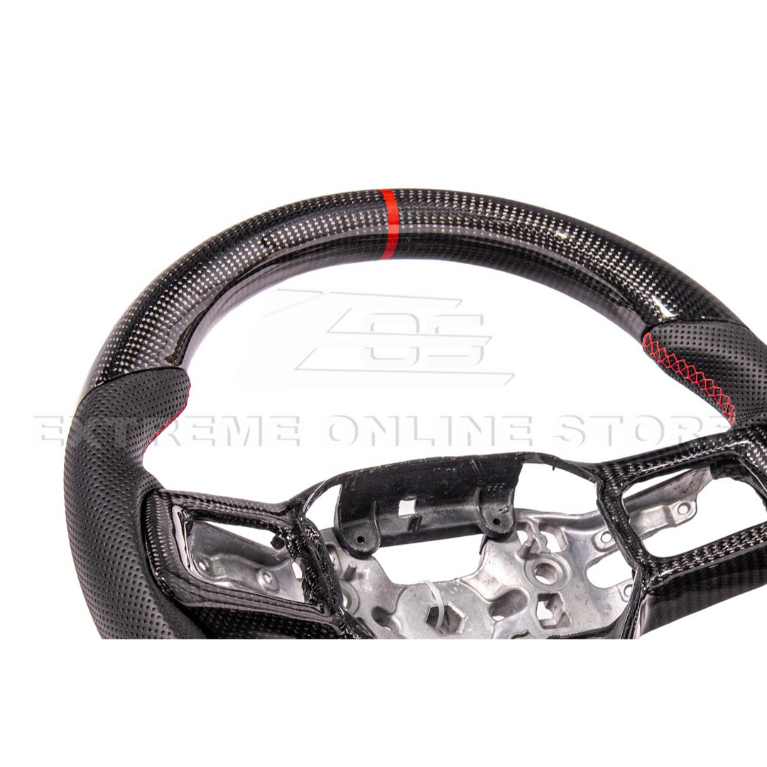 2024-Up Ford Mustang CARBON FIBER Perforated Leather Red Stripe Steering Wheel