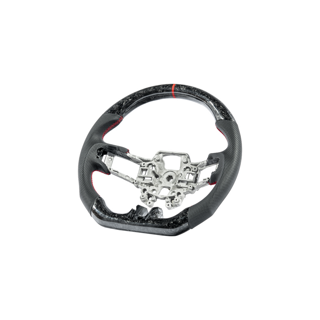 2018-23 Ford Mustang Forged Carbon Fiber Perforated Leather Steering Wheel | Red Stripe