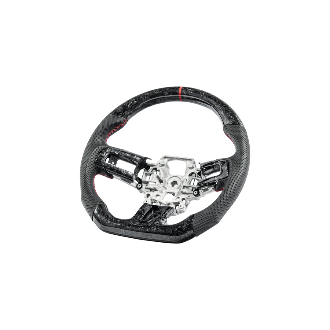 2018-23 Ford Mustang Forged Carbon Fiber Perforated Leather Steering Wheel | Red Stripe