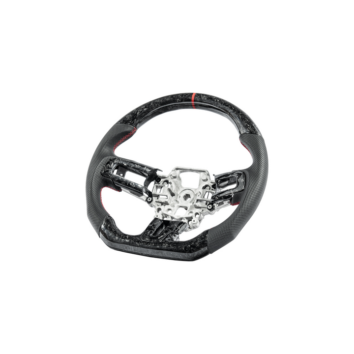 2018-23 Ford Mustang Forged Carbon Fiber Perforated Leather Steering Wheel | Red Stripe
