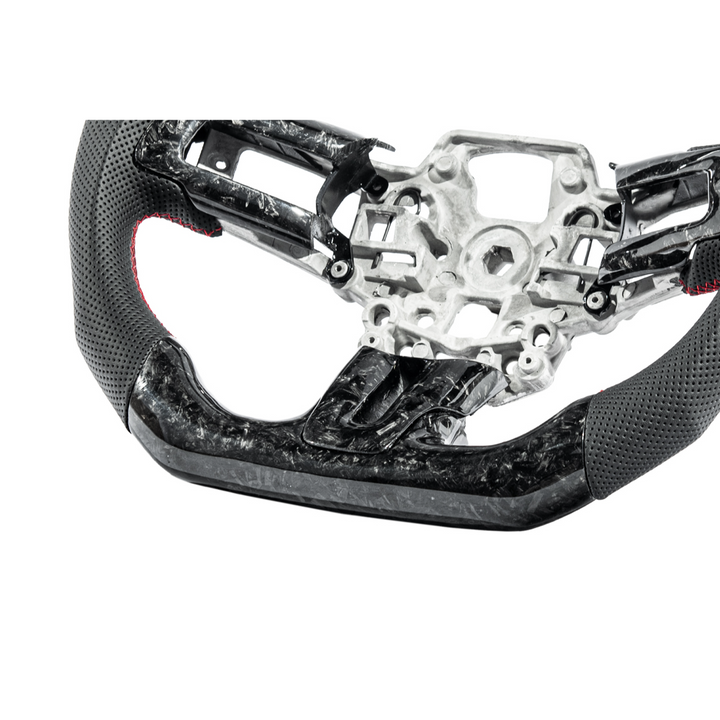 2018-23 Ford Mustang Forged Carbon Fiber Perforated Leather Steering Wheel | Red Stripe