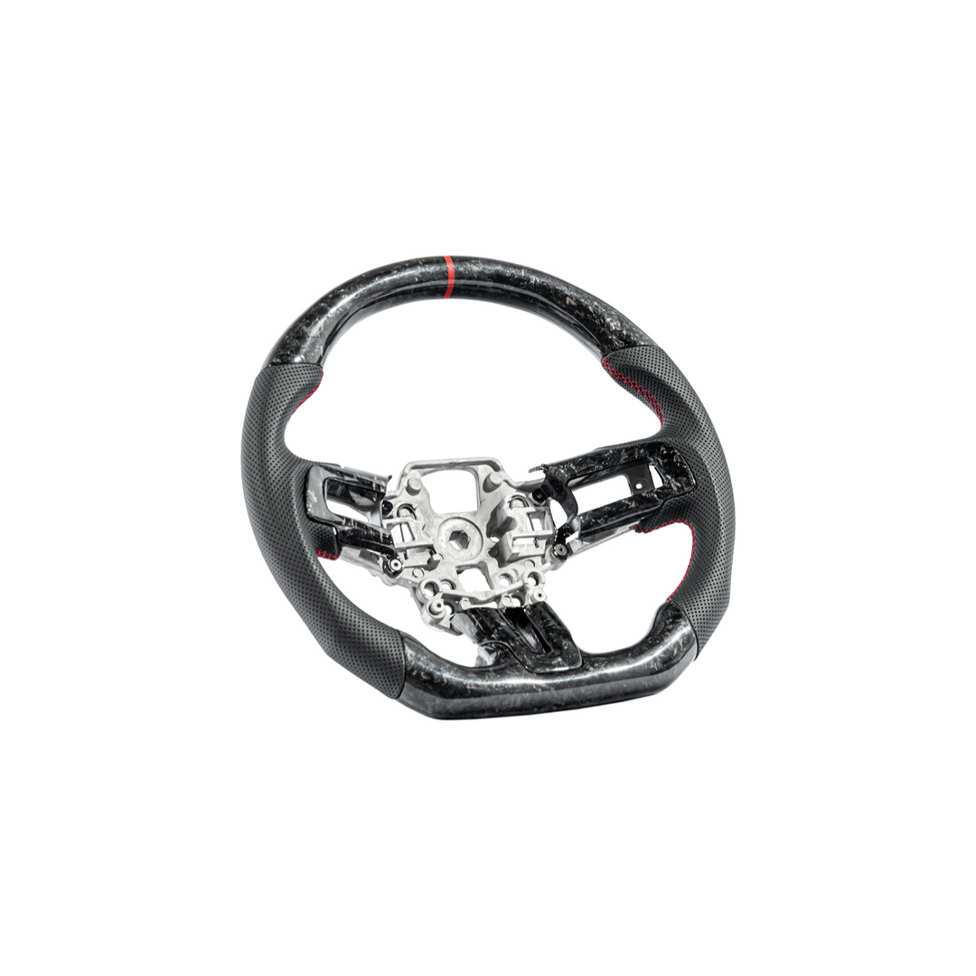 2018-23 Ford Mustang Forged Carbon Fiber Perforated Leather Steering Wheel | Red Stripe