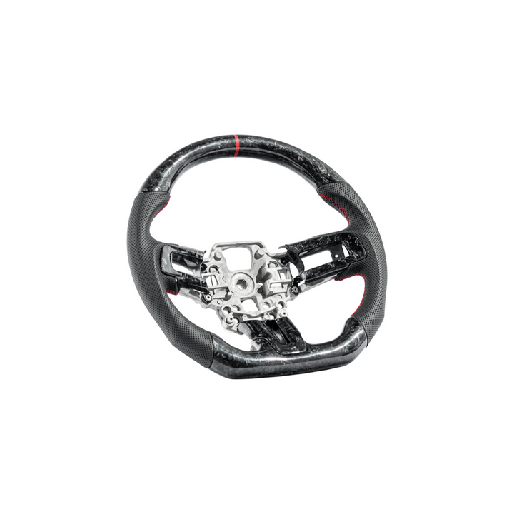 2018-23 Ford Mustang Forged Carbon Fiber Perforated Leather Steering Wheel | Red Stripe