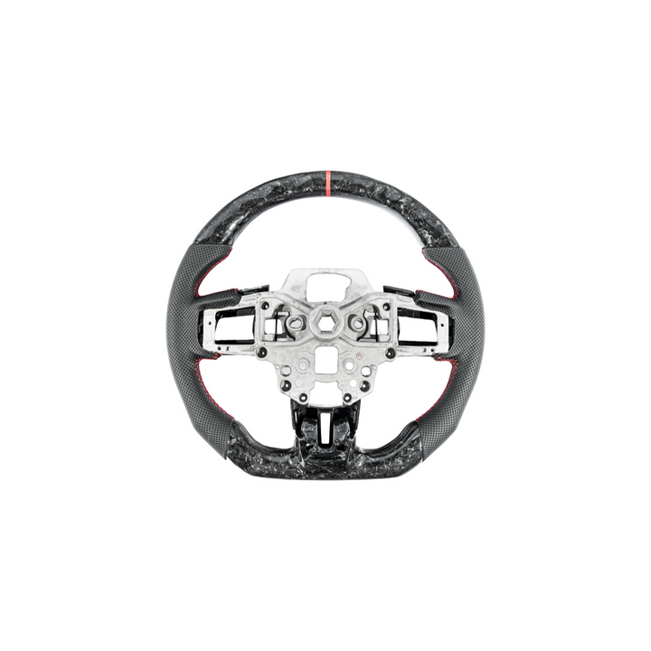 2018-23 Ford Mustang Forged Carbon Fiber Perforated Leather Steering Wheel | Red Stripe
