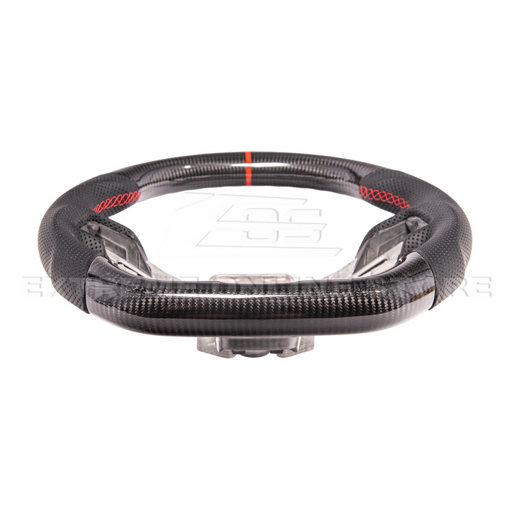 2015-23 Mustang Black Leather Red Stitching Carbon Fiber Steering Wheel