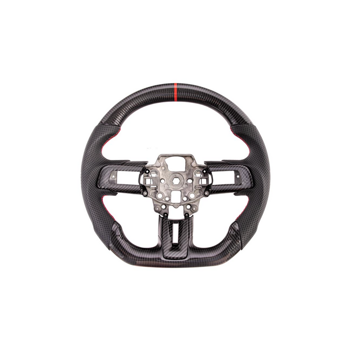 2015-23 Mustang Black Leather Red Stitching Carbon Fiber Steering Wheel