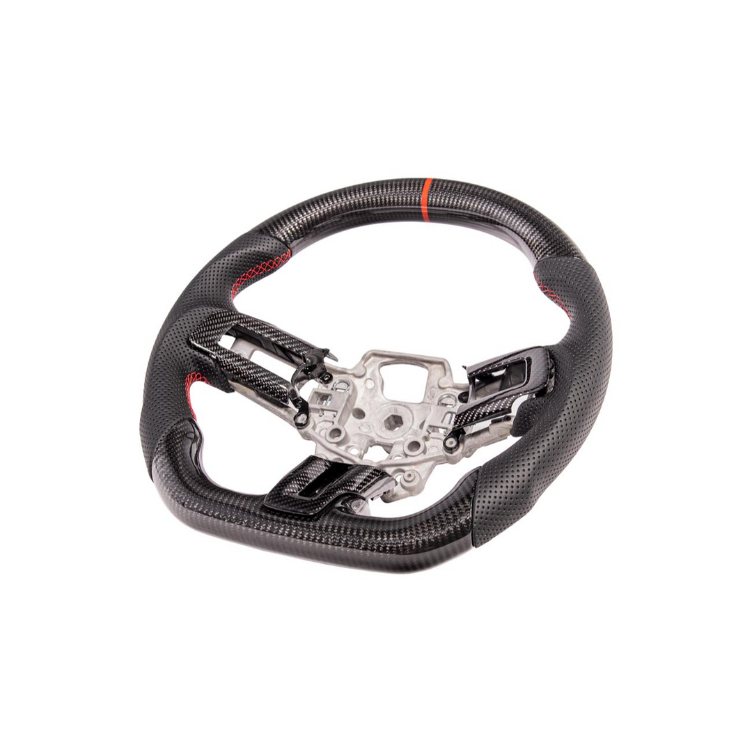 2015-23 Mustang Black Leather Red Stitching Carbon Fiber Steering Wheel