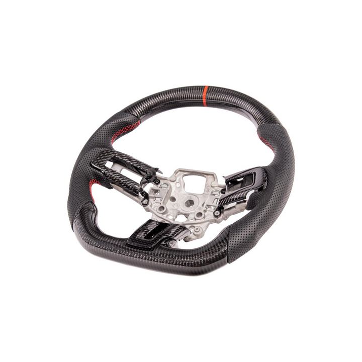 2015-23 Mustang Black Leather Red Stitching Carbon Fiber Steering Wheel