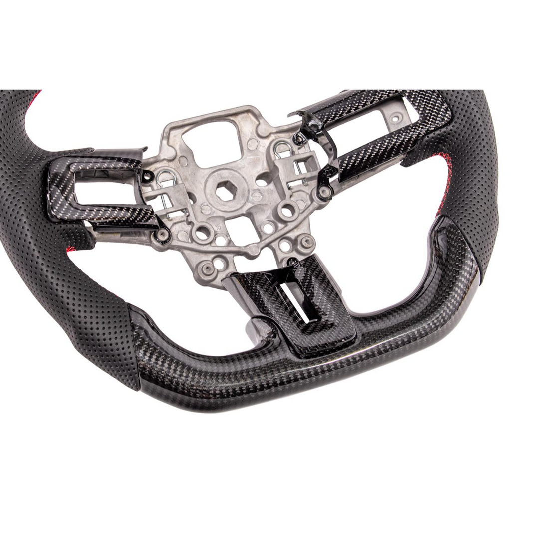 2015-23 Mustang Black Leather Red Stitching Carbon Fiber Steering Wheel