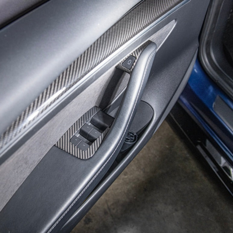 2020-23 Tesla Model 3 &amp; 20-24 Y Carbon Fiber Interior Door Glass Lifting Panel Cover
