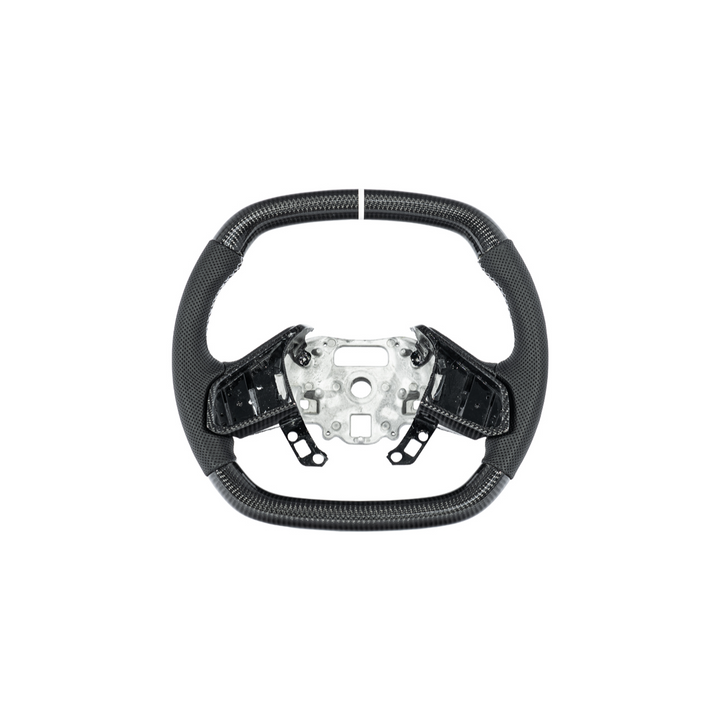 Corvette C8 Carbon Fiber Steering Wheel Black Perforated Leather White Stitching White Stripe