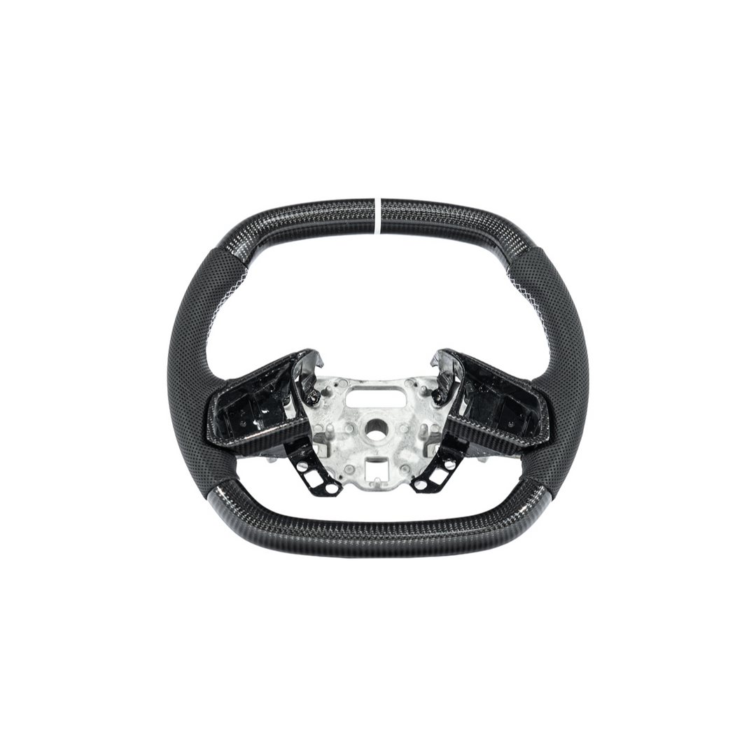 Corvette C8 Carbon Fiber Steering Wheel Black Perforated Leather White Stitching White Stripe