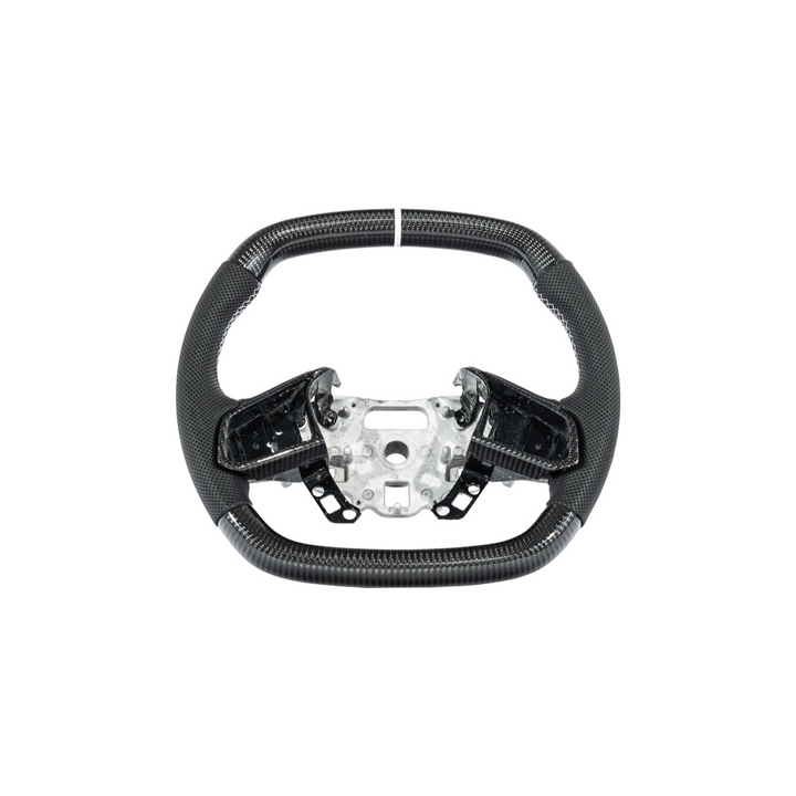Corvette C8 Carbon Fiber Steering Wheel Black Perforated Leather White Stitching White Stripe
