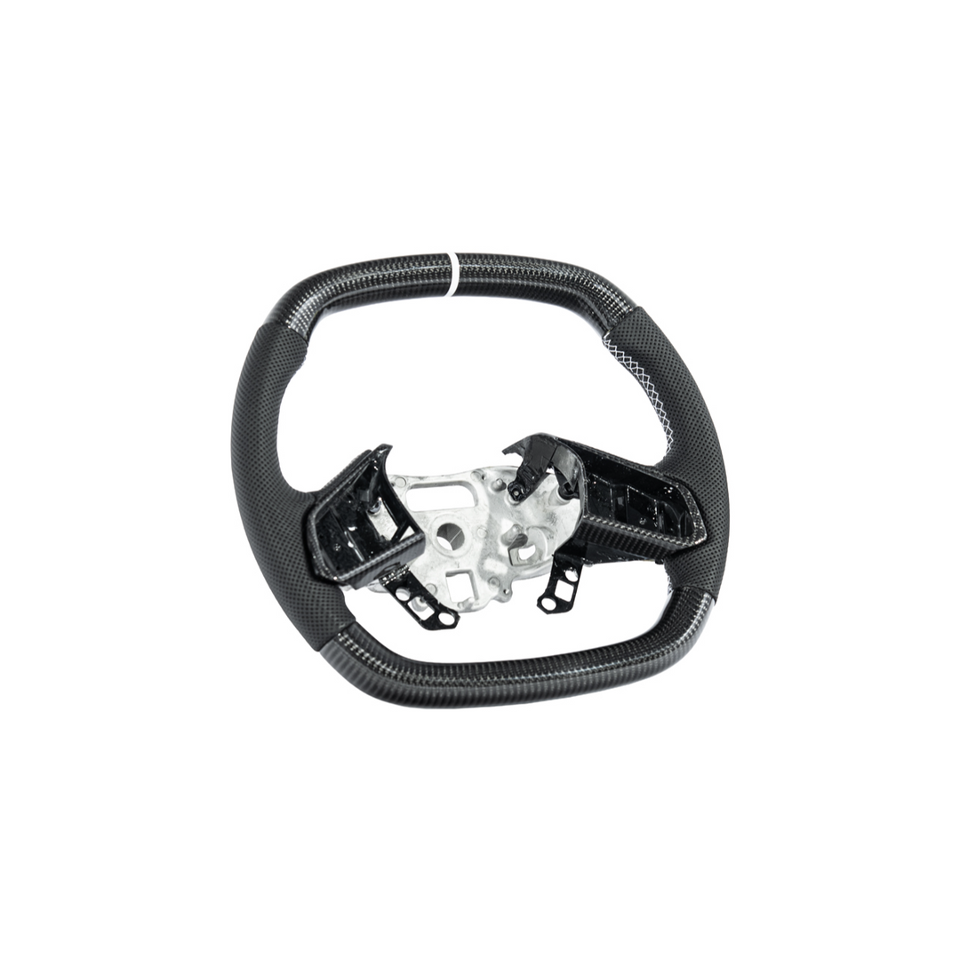 Corvette C8 Carbon Fiber Steering Wheel Black Perforated Leather White Stitching White Stripe