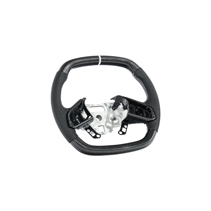 Corvette C8 Carbon Fiber Steering Wheel Black Perforated Leather White Stitching White Stripe
