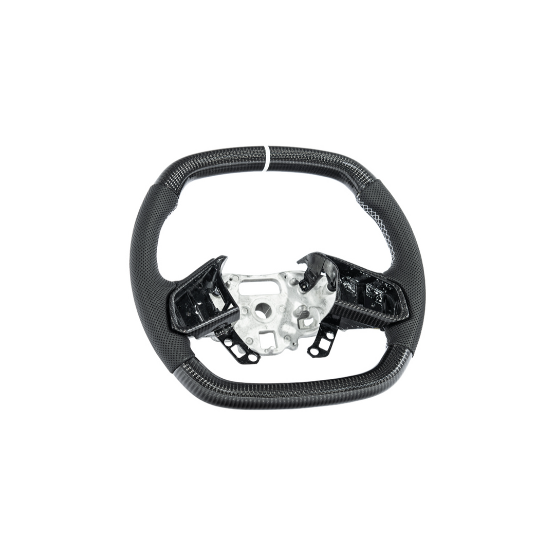 Corvette C8 Carbon Fiber Steering Wheel Black Perforated Leather White Stitching White Stripe