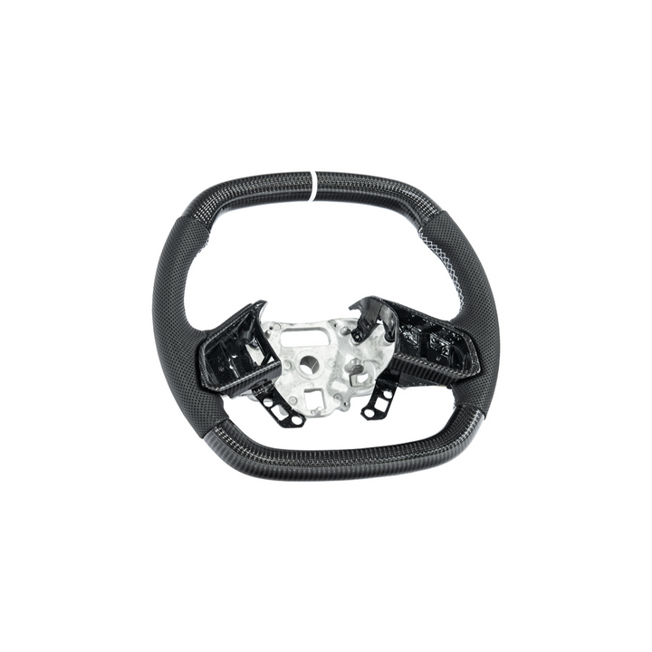 Corvette C8 Carbon Fiber Steering Wheel Black Perforated Leather White Stitching White Stripe