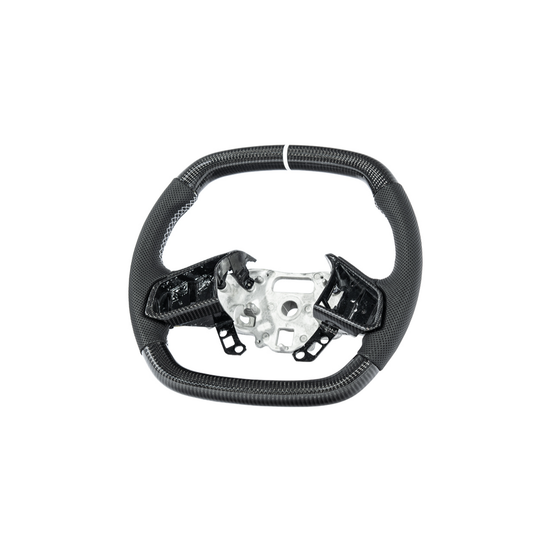 Corvette C8 Carbon Fiber Steering Wheel Black Perforated Leather White Stitching White Stripe