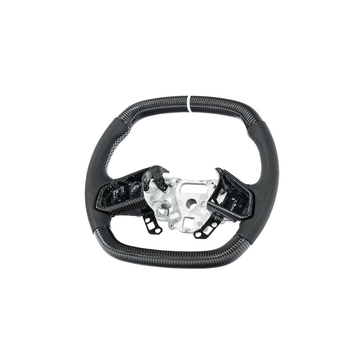 Corvette C8 Carbon Fiber Steering Wheel Black Perforated Leather White Stitching White Stripe