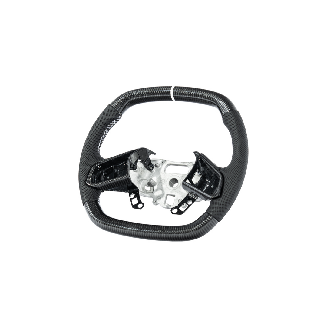 Corvette C8 Carbon Fiber Steering Wheel Black Perforated Leather White Stitching White Stripe