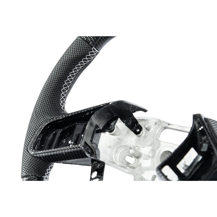 Corvette C8 Carbon Fiber Steering Wheel Black Perforated Leather White Stitching White Stripe