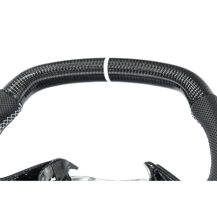 Corvette C8 Carbon Fiber Steering Wheel Black Perforated Leather White Stitching White Stripe