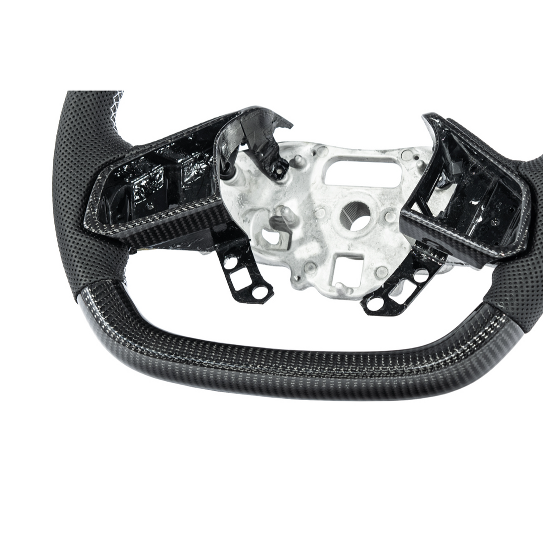 Corvette C8 Carbon Fiber Steering Wheel Black Perforated Leather White Stitching White Stripe