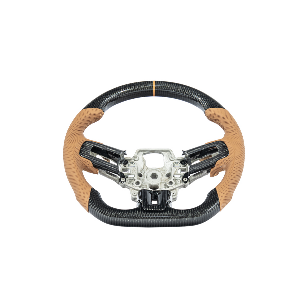 2015-23 Mustang Brown Leather Brown Stitching Carbon Fiber Steering Wheel
