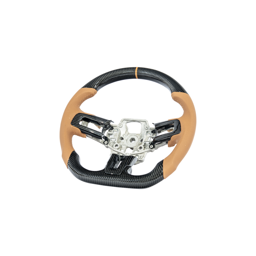 2015-23 Mustang Brown Leather Brown Stitching Carbon Fiber Steering Wheel