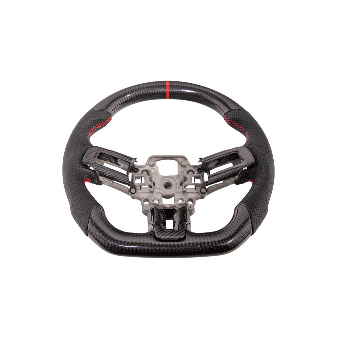 2015-23 Mustang Black Leather Red Stitching Carbon Fiber Steering Wheel