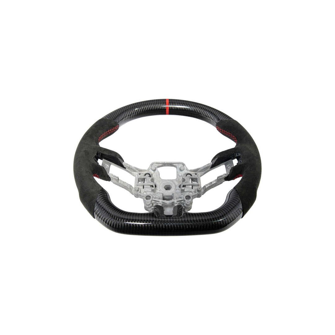 2015-23 Mustang Black Leather Red Stitching Carbon Fiber Steering Wheel