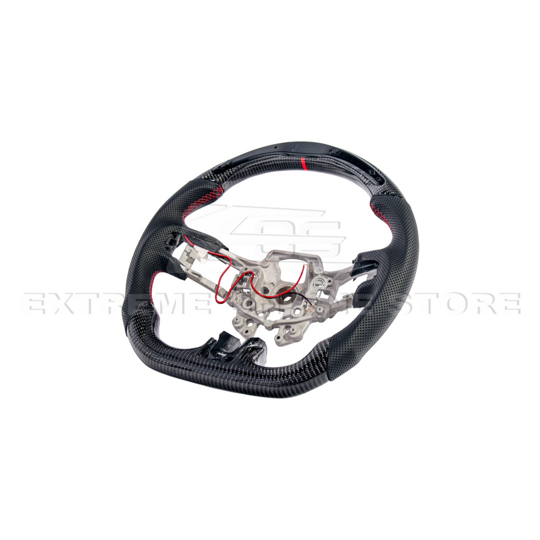 2015-23 Mustang Black Leather Red Stitching Carbon Fiber Steering Wheel